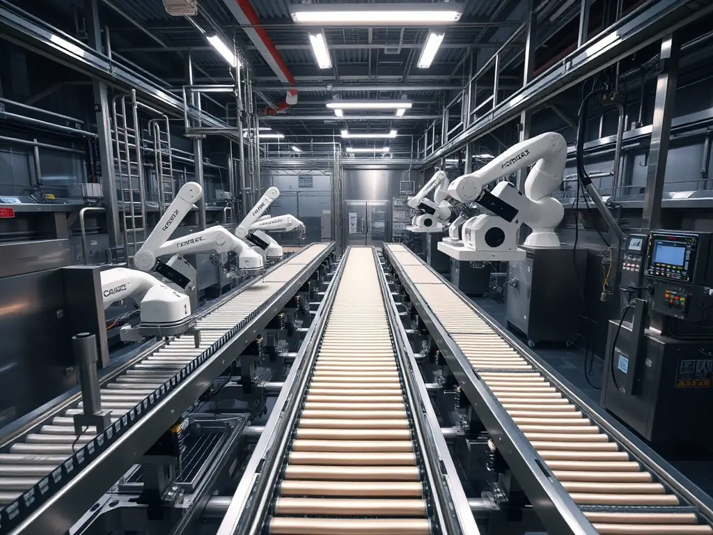 A high-angle shot of a modern food processing plant with automated machinery and conveyor belts, emphasizing cleanliness and efficiency.