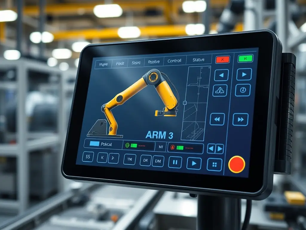 An HMI (Human Machine Interface) screen displaying a user-friendly interface for controlling a robotic arm in a manufacturing plant, with clear visual feedback and intuitive controls.