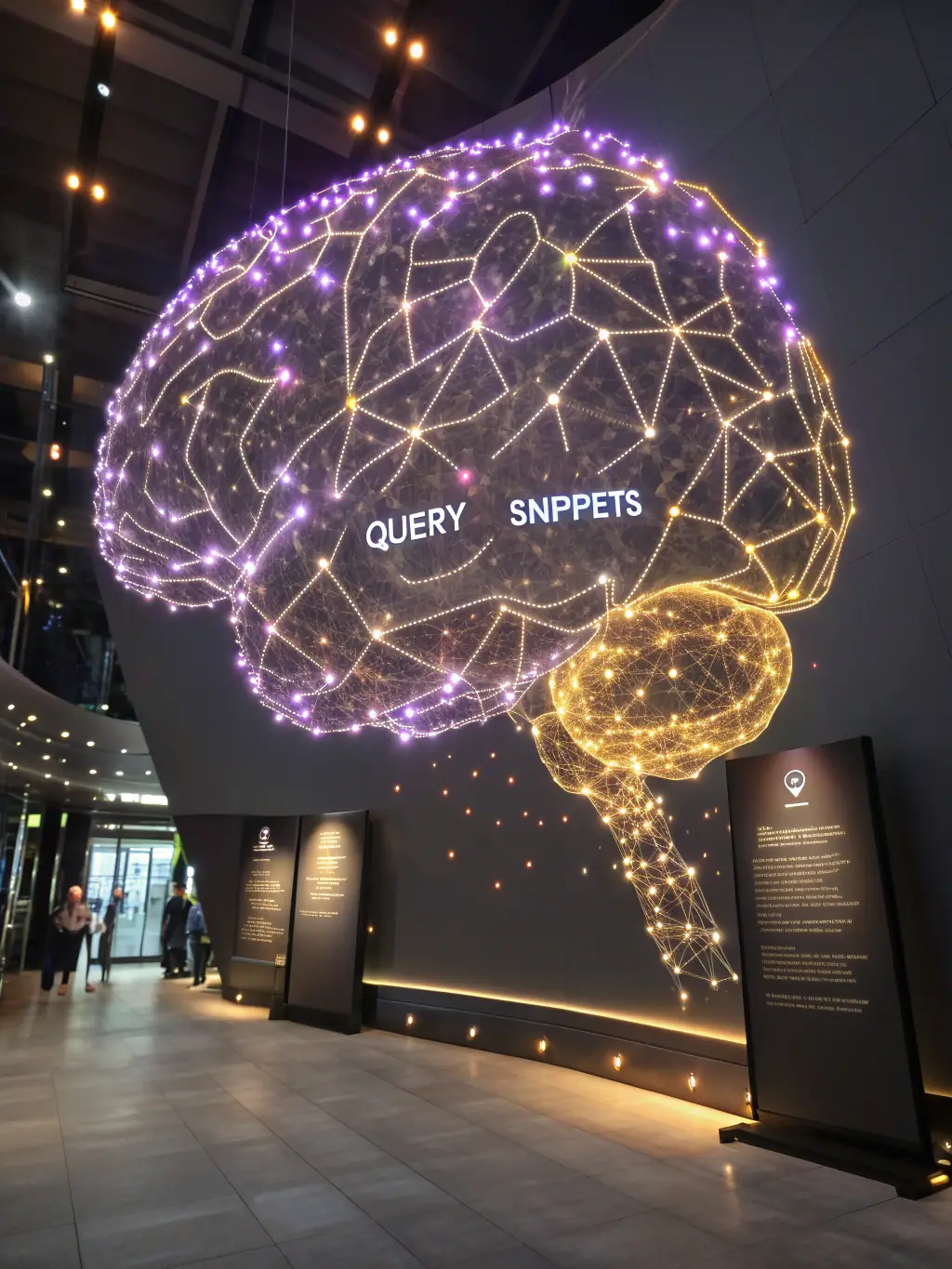 A futuristic AI brain hologram with data streams flowing around it, symbolizing advanced AI technology in a server room.