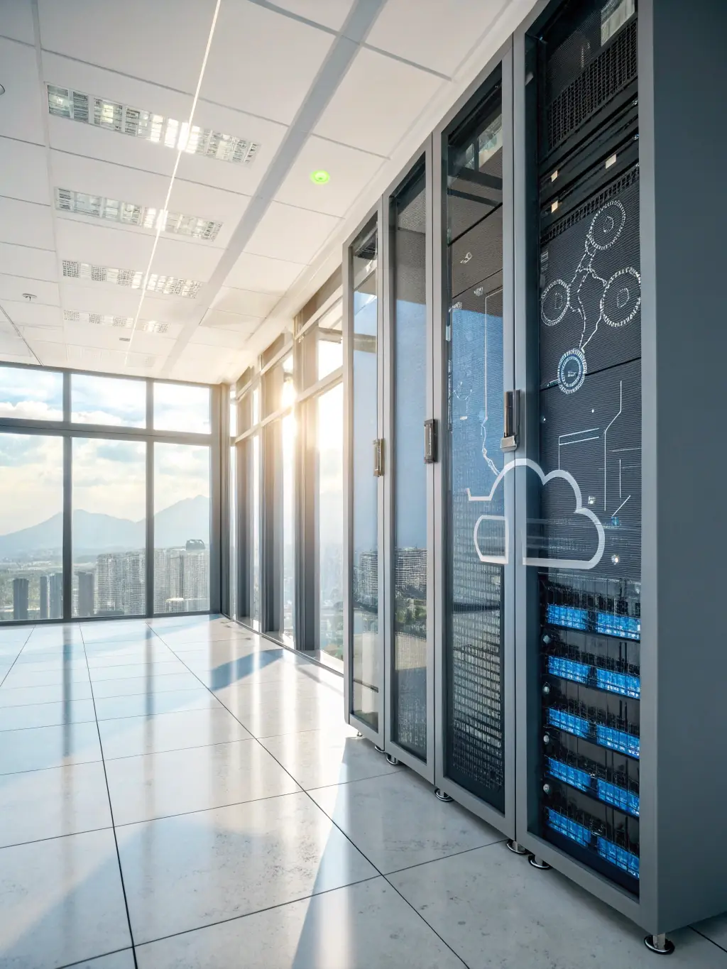 An image of a secure cloud server with multiple layers of security protocols, representing cloud computing services.