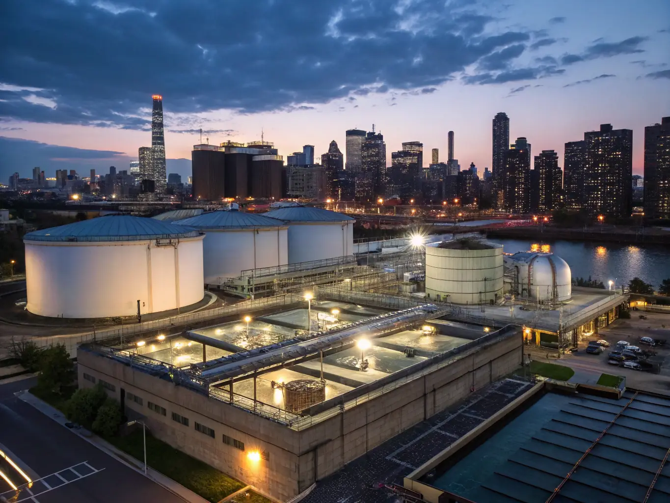 A wide shot of a water treatment plant with advanced control systems and monitoring equipment, highlighting the integration of Industry 4.0 technologies.