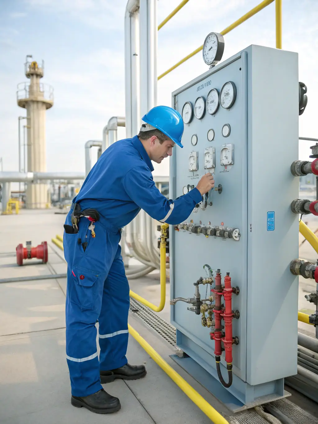 A technician working on an I/O link module in an industrial setting, demonstrating the connectivity and data exchange capabilities of Industry 4.0 technologies, emphasizing Global Automation's commitment to advanced solutions.