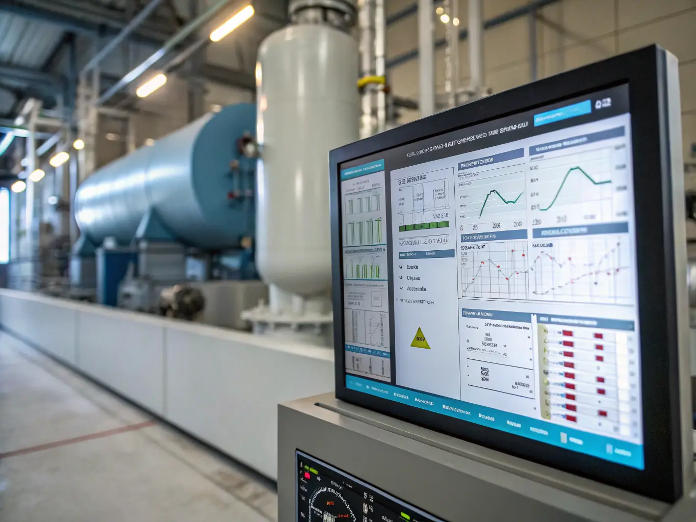 A SCADA (Supervisory Control and Data Acquisition) system interface showing a graphical representation of a water treatment plant, displaying real-time data on flow rates, tank levels, and pump status.