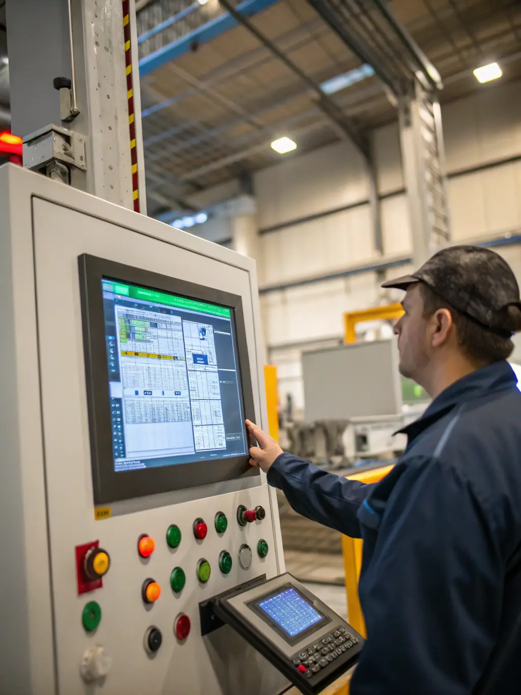 A close-up of an HMI (Human Machine Interface) screen displaying real-time data and control options for a manufacturing process, highlighting the user-friendly interface and its importance in operator control for Global Automation.